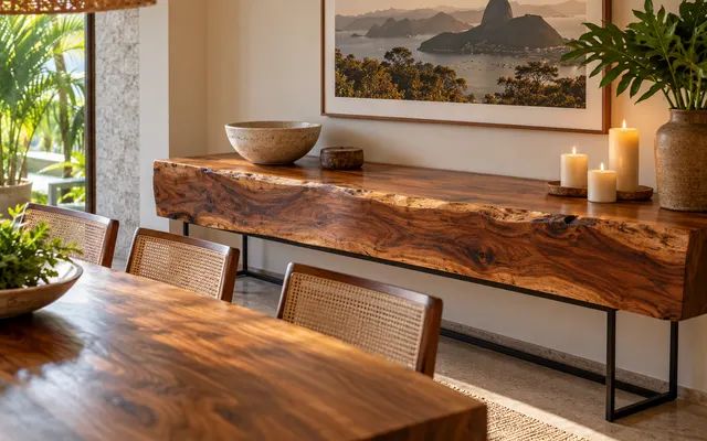 Aparador de prancha atrás da mesa de jantar, com velas e quadro (imagem ilustrativa)