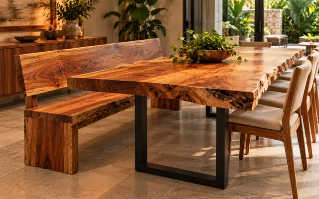 Banco de madeira maciça com encosto junto à mesa de jantar de prancha (imagem ilustrativa)