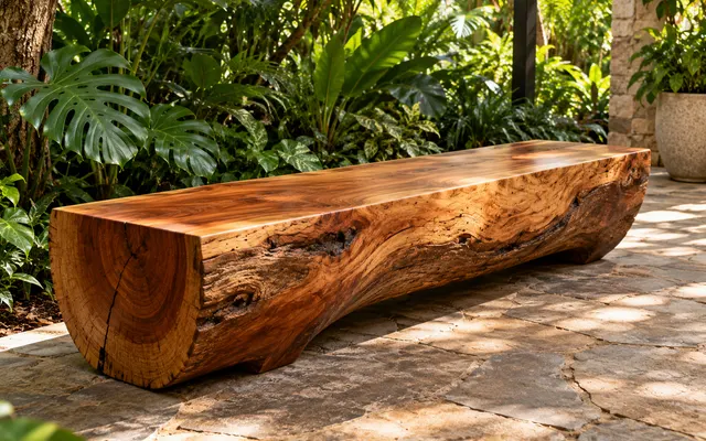 Banco esculpido em meia tora de madeira maciça em jardim tropical (imagem ilustrativa)