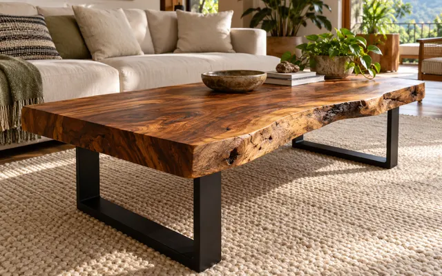 Mesa de centro retangular de prancha natural com pés de aço em U (imagem ilustrativa)