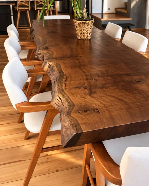 Mesa de madeira maciça com borda natural em sala de jantar com cadeiras brancas