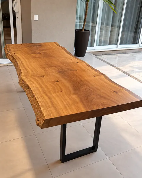 Mesa de prancha natural com pés de aço pretos em terraço