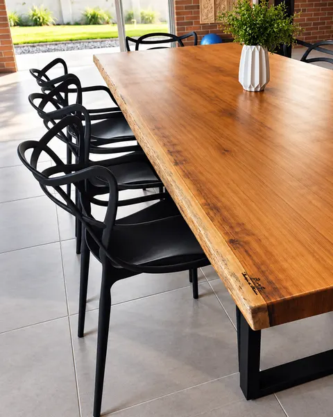 Mesa de madeira maciça com cadeiras pretas em varanda
