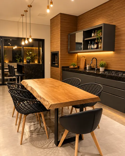 Mesa de prancha natural em cozinha gourmet com luz quente
