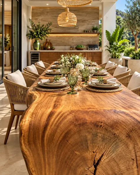 Mesa grande de madeira maciça posta para receber a família