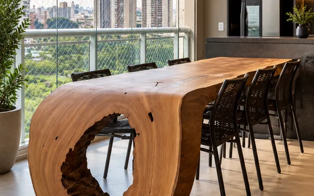 Mesa escultural de tronco com ponta em cascata em sala com vista para a cidade (imagem ilustrativa)