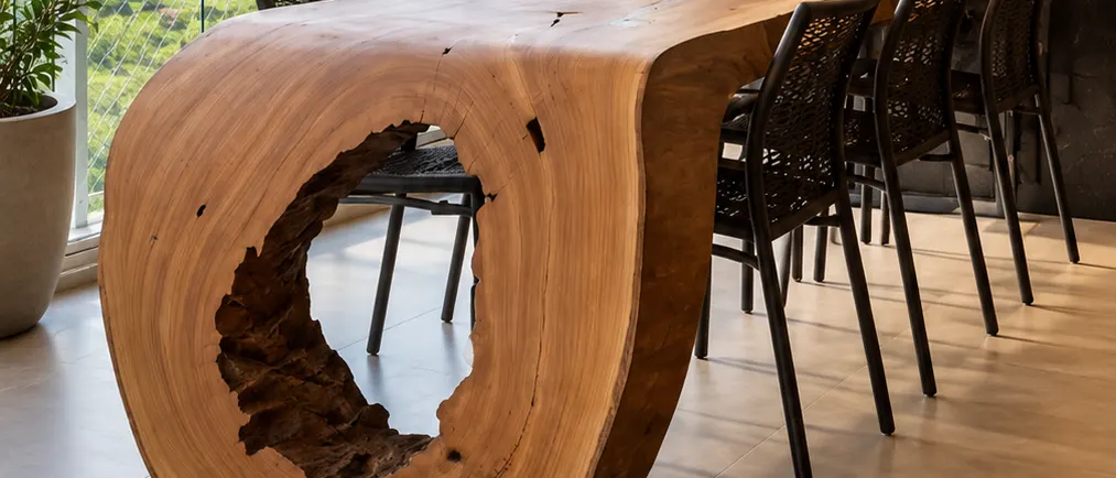 Mesa escultural de tronco com ponta em cascata em sala com vista para a cidade (imagem ilustrativa)