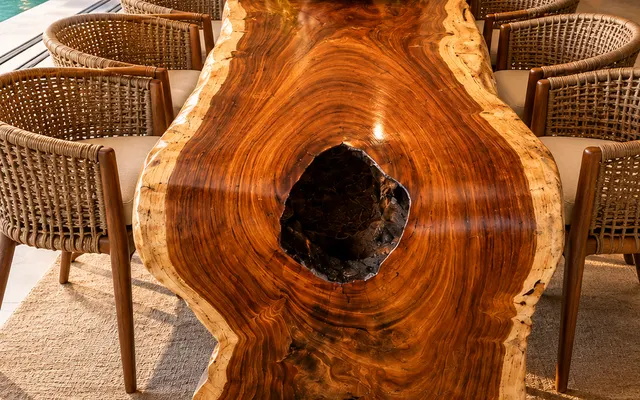 Mesa escultural de tronco com anéis de crescimento em sala de jantar junto à piscina (imagem ilustrativa)