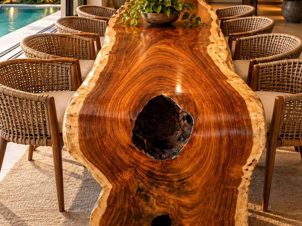 Mesa escultural de tronco com anéis de crescimento em sala de jantar junto à piscina (imagem ilustrativa)
