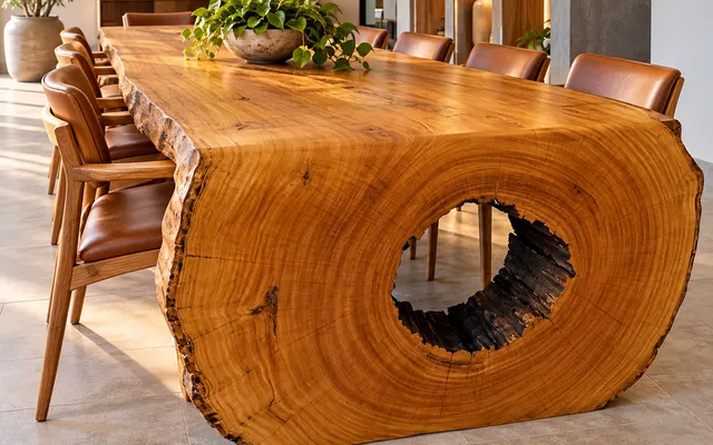 Mesa escultural de tronco com cadeiras de couro e plantas sobre o tampo (imagem ilustrativa)