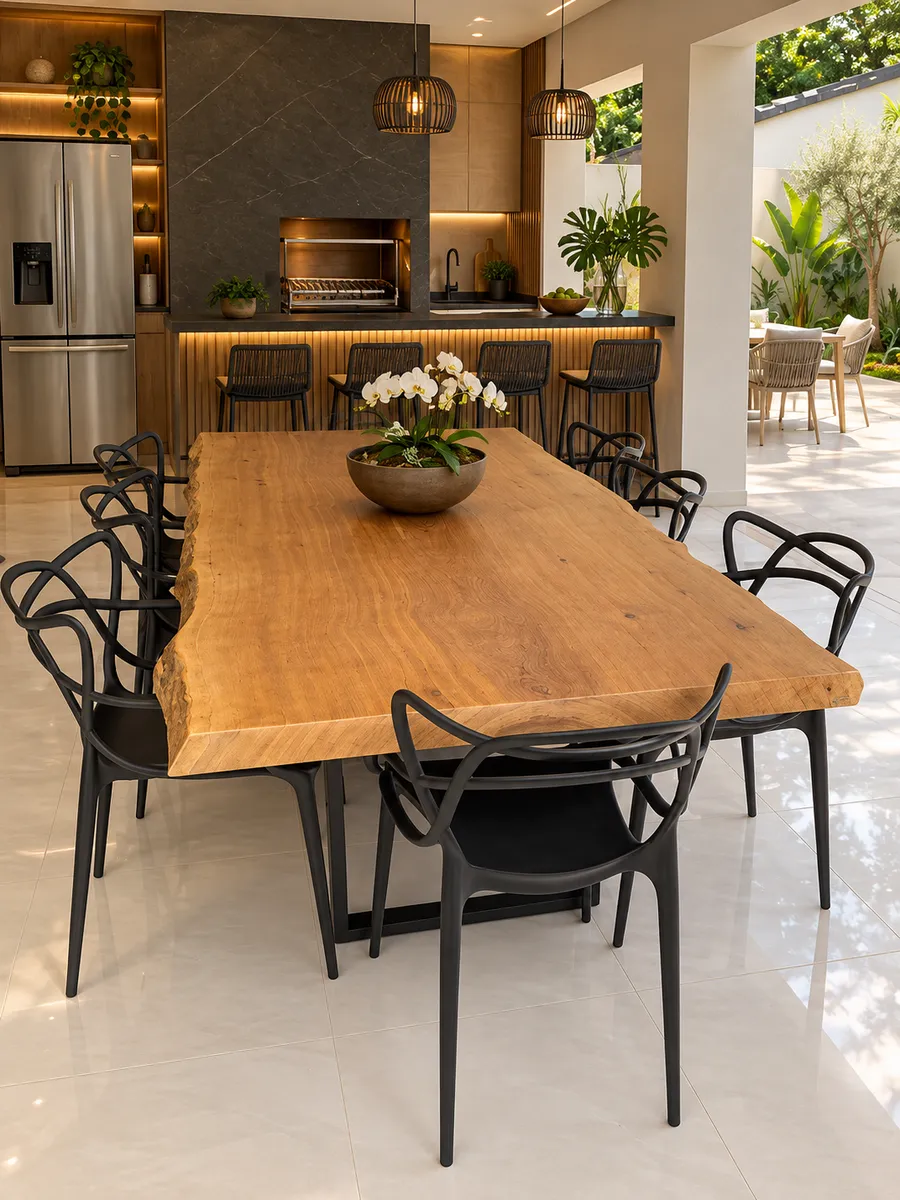 Borda orgânica em área gourmet: a lateral irregular contrasta com a arquitetura reta (imagem ilustrativa)