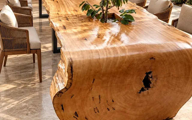 Mesa de madeira maciça com jardim integrado no centro do tampo (imagem ilustrativa)