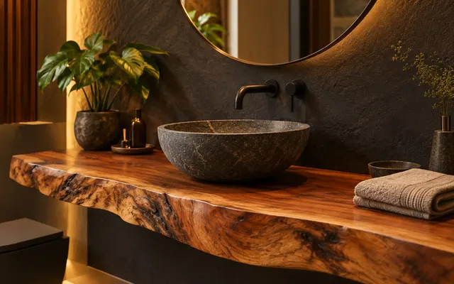 Bancada de lavabo de madeira maciça com cuba de pedra e torneira preta (imagem ilustrativa)