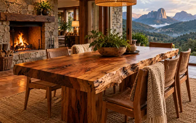 Mesa rústica de prancha em casa de campo com lareira e vista para as montanhas (imagem ilustrativa)