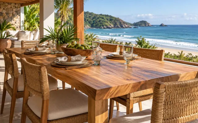 Mesa de prancha clara em varanda de casa de praia com vista para o mar (imagem ilustrativa)