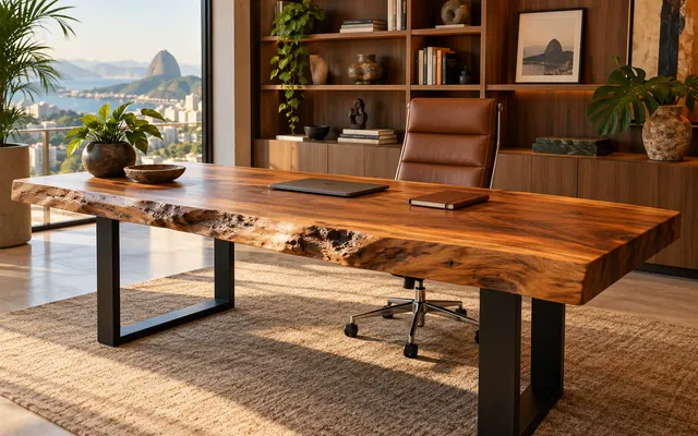Mesa executiva de prancha com borda viva e base de aço em escritório (imagem ilustrativa)