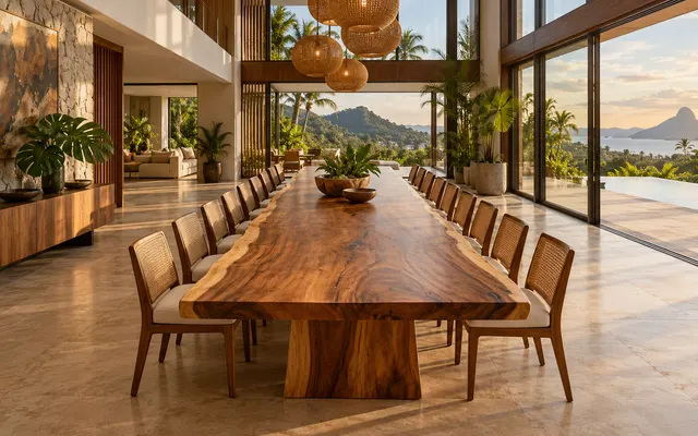 Mesa muito longa de prancha única com cadeiras dos dois lados em salão amplo (imagem ilustrativa)