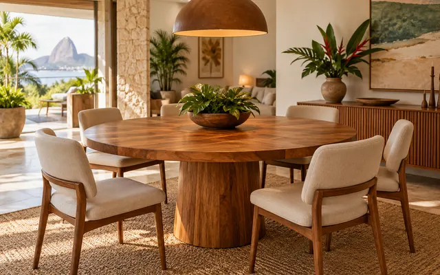 Mesa de jantar redonda de madeira maciça com base central (imagem ilustrativa)