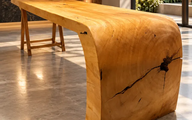 Mesa orgânica de madeira maciça com ponta em curva em sala contemporânea (imagem ilustrativa)