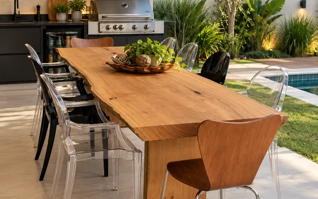 Mesa de madeira maciça em área gourmet aberta ao lado da piscina (imagem ilustrativa)