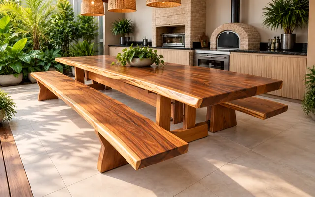 Mesa rústica de madeira maciça com bancos em pátio tropical coberto (imagem ilustrativa)