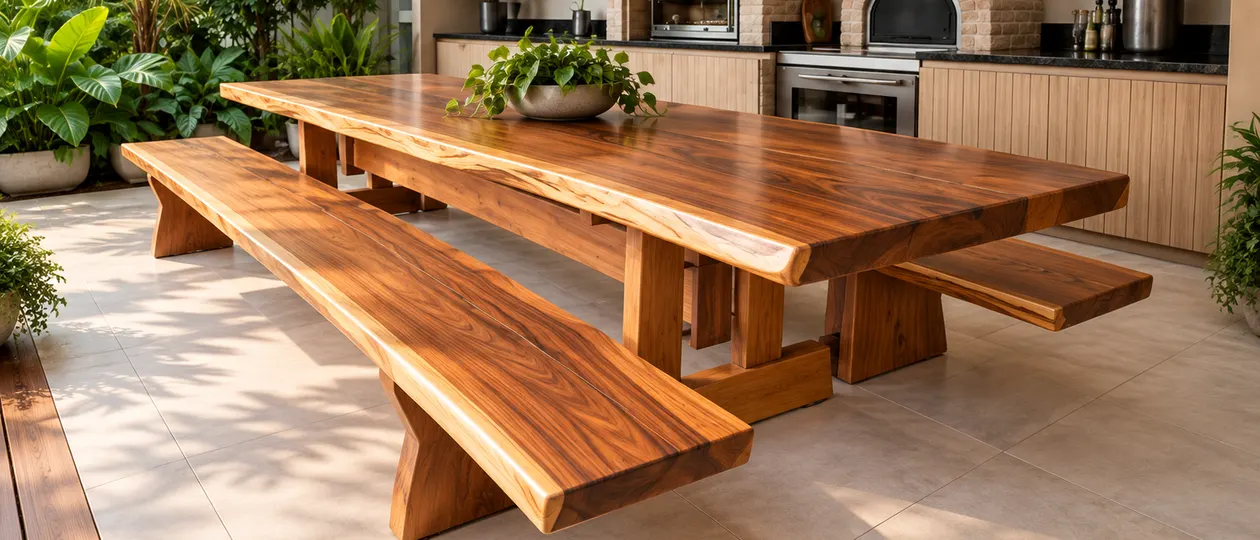 Mesa rústica de madeira maciça com bancos em pátio tropical coberto (imagem ilustrativa)