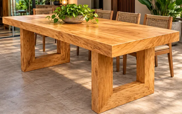 Mesa de madeira maciça com pés largos de madeira e cadeiras de palha (imagem ilustrativa)