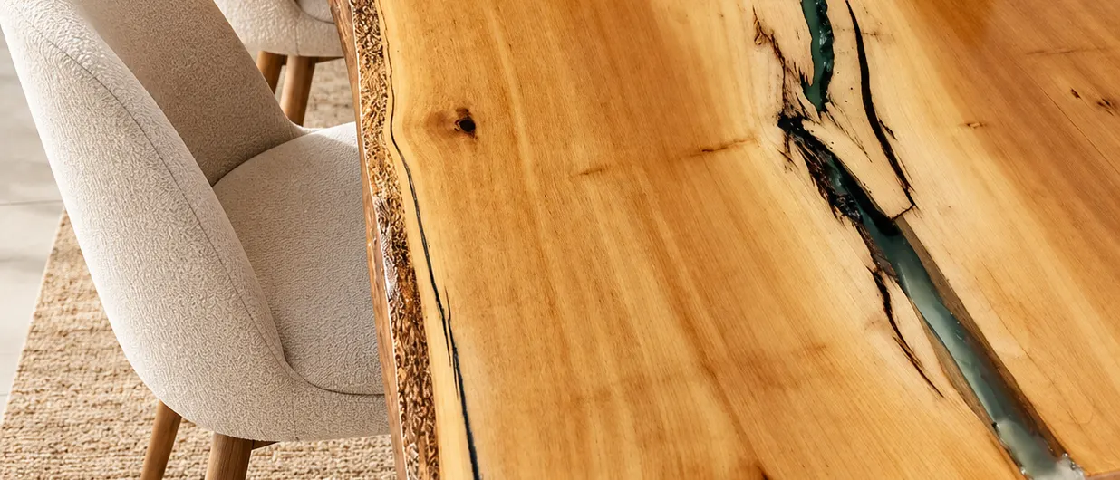 Tampo de prancha natural com veio de resina verde translúcida e cadeiras estofadas (imagem ilustrativa)