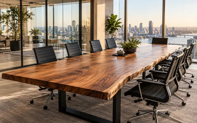 Mesa de reunião de prancha maciça com base de aço e cadeiras de escritório (imagem ilustrativa)