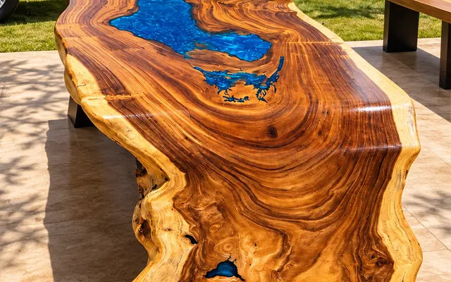 Mesa-rio de madeira com resina azul vista de cima, em área externa (imagem ilustrativa)