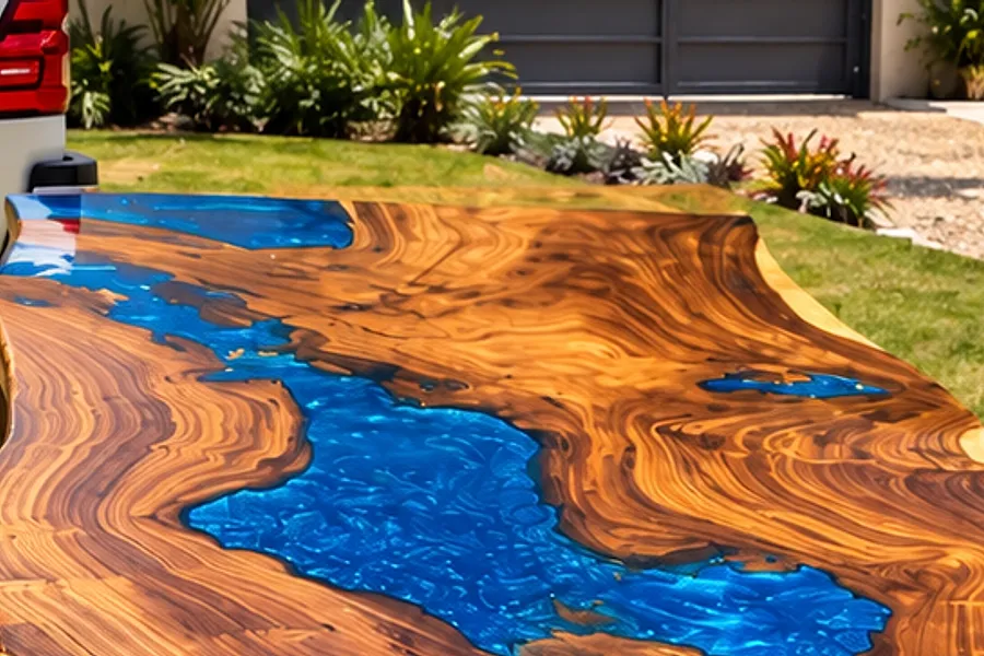 Resina azul seguindo as bordas naturais: o “rio” da mesa-rio (imagem ilustrativa)