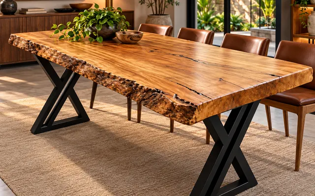 Mesa de prancha natural com borda orgânica e base em X de aço preto (imagem ilustrativa)