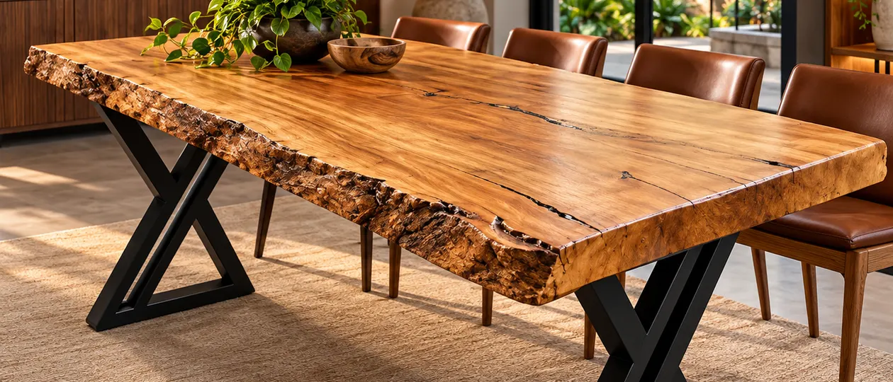 Mesa de prancha natural com borda orgânica e base em X de aço preto (imagem ilustrativa)
