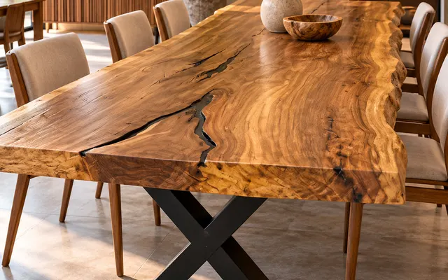 Mesa de prancha com fendas e base em X de aço preto em sala de jantar (imagem ilustrativa)