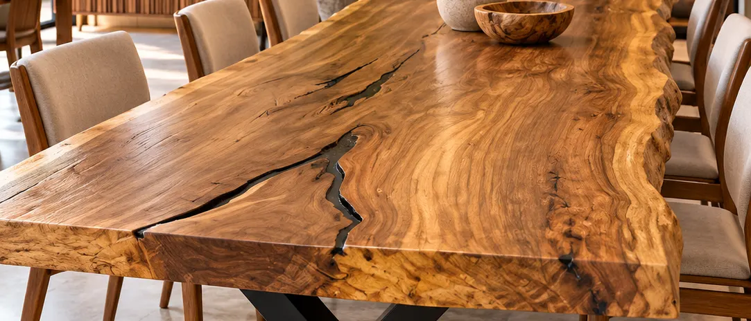 Mesa de prancha com fendas e base em X de aço preto em sala de jantar (imagem ilustrativa)