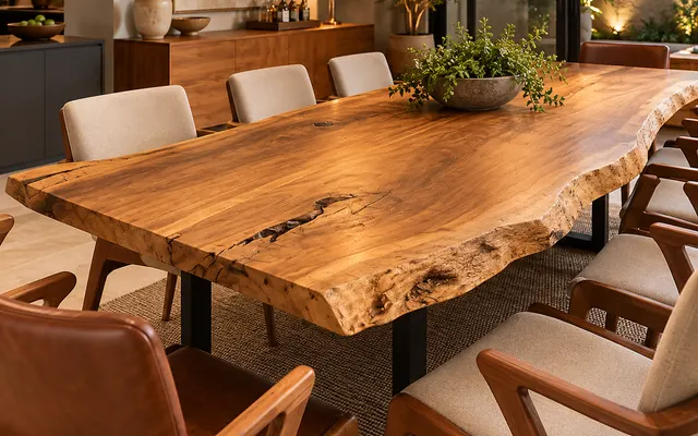 Mesa de jantar de prancha natural com borda viva e cadeiras de couro (imagem ilustrativa)