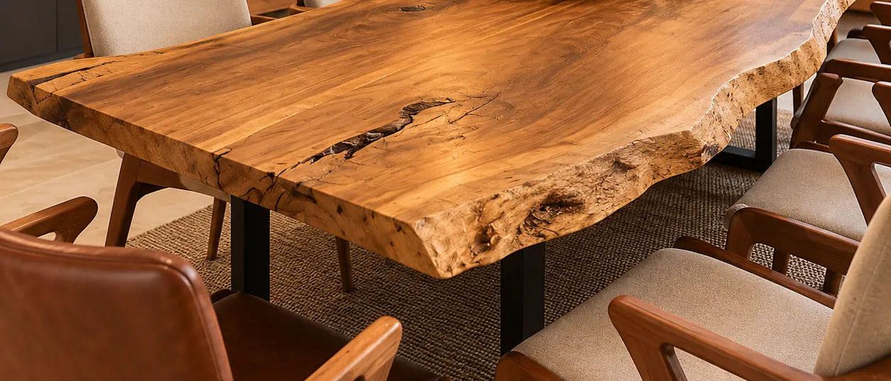 Mesa de jantar de prancha natural com borda viva e cadeiras de couro (imagem ilustrativa)