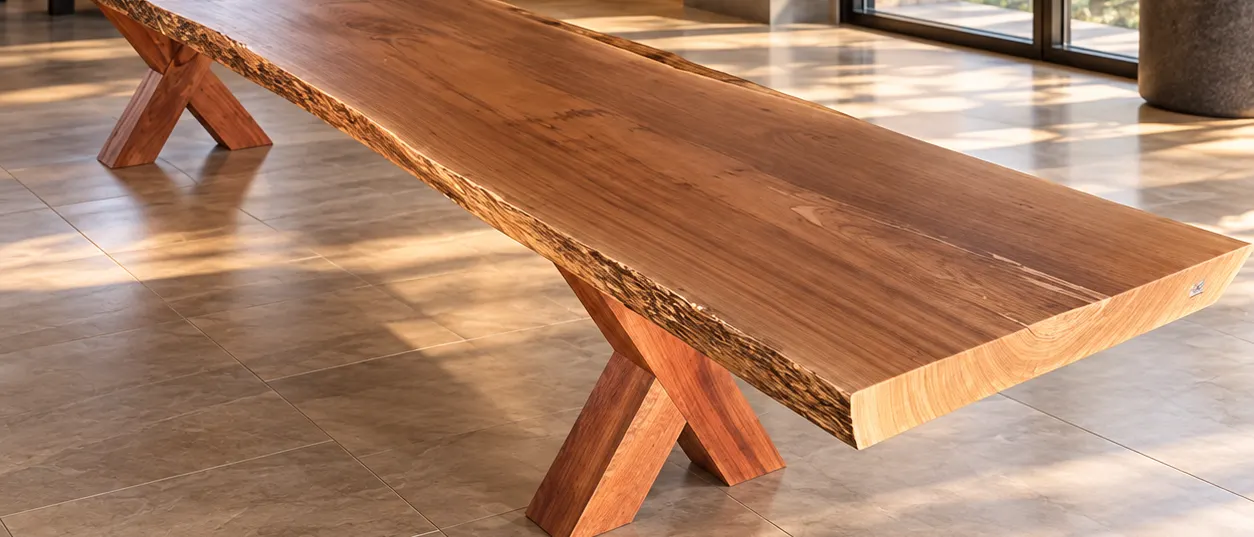Mesa longa de prancha natural com pés em X de madeira maciça em sala ampla (imagem ilustrativa)