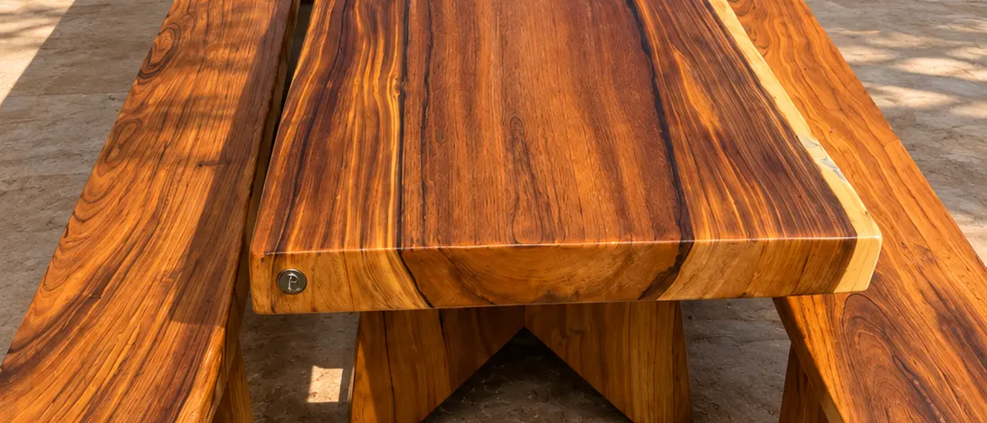Mesa de prancha com bancos de madeira em terraço com jardim tropical (imagem ilustrativa)