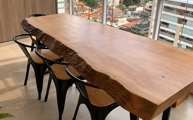 Mesa de prancha natural com base de aço em varanda de apartamento (imagem ilustrativa)
