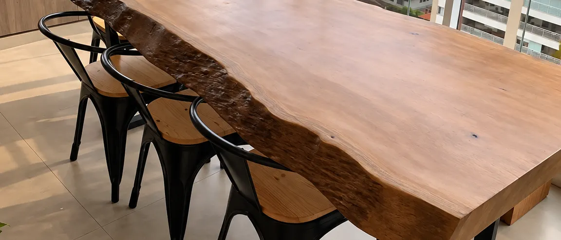 Mesa de prancha natural com base de aço em varanda de apartamento (imagem ilustrativa)
